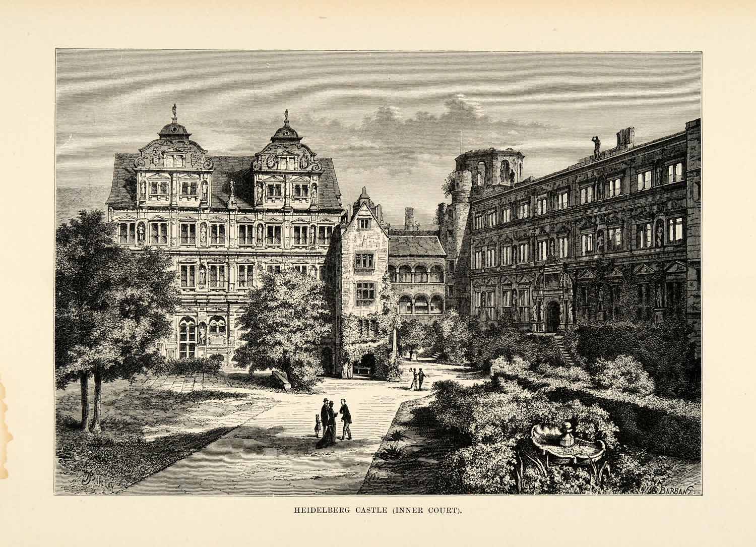 1882 Wood Engraving Ancient Heidelberg Castle Inner Court Architecture XGS6