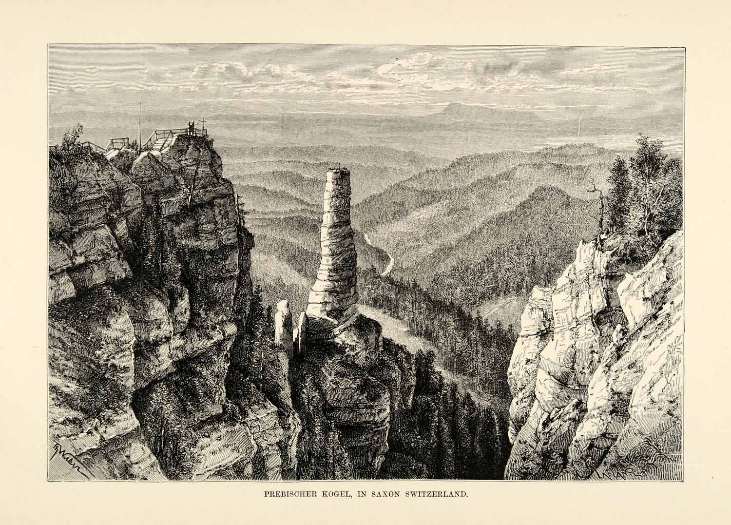 1882 Wood Engraving Prebischer Kogel Saxon Switzerland Natural History XGS6