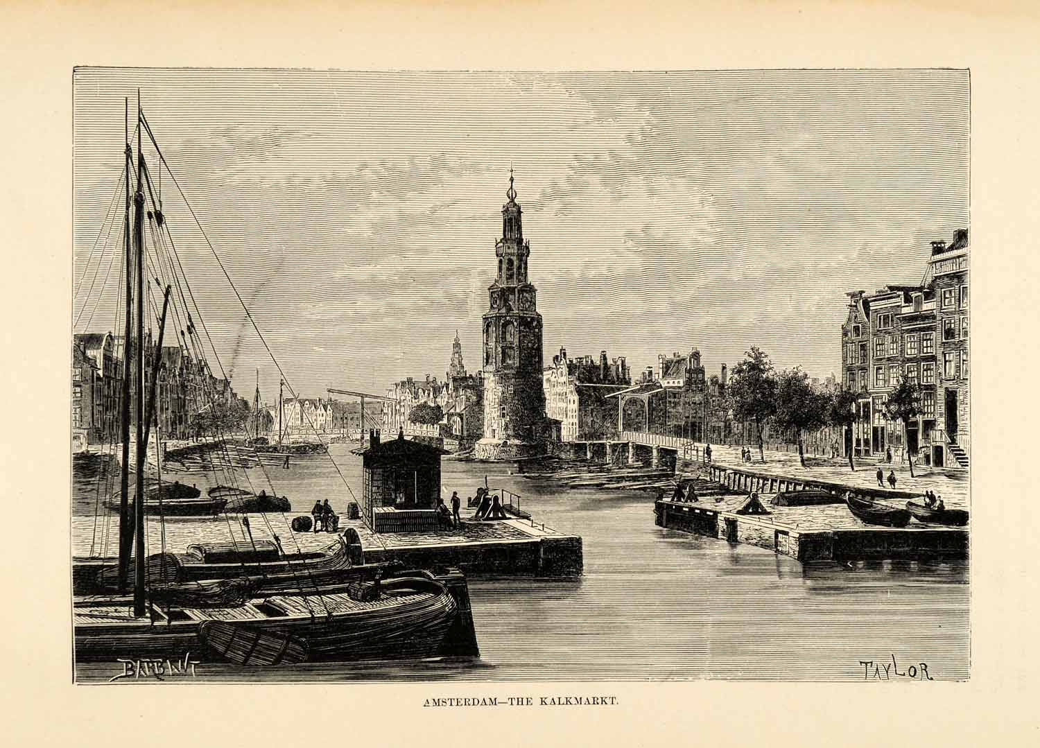 1882 Wood Engraving Kalkmarkt Amsterdam Holland Architecture Cityscape Ship XGS6