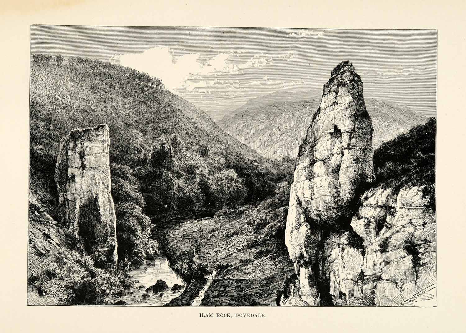 1882 Wood Engraving Ilam Rock Dovedale England Natural History Geology XGS6