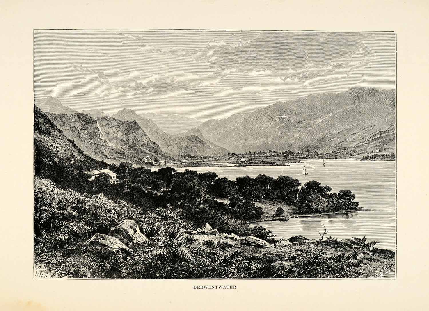 1882 Wood Engraving Art Derwentwater Lake District National Park Cumbria XGS6