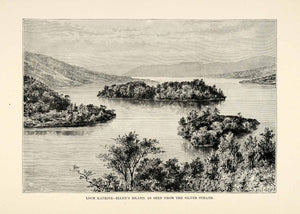 1882 Wood Engraving Art Loch Katrine Lake Ellens Island Scotland Landscape XGS6