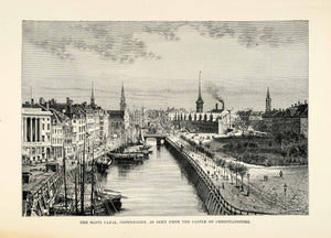 1882 Wood Engraving Art Frederiksholms Canal Copenhagen Denmark Castle XGS6
