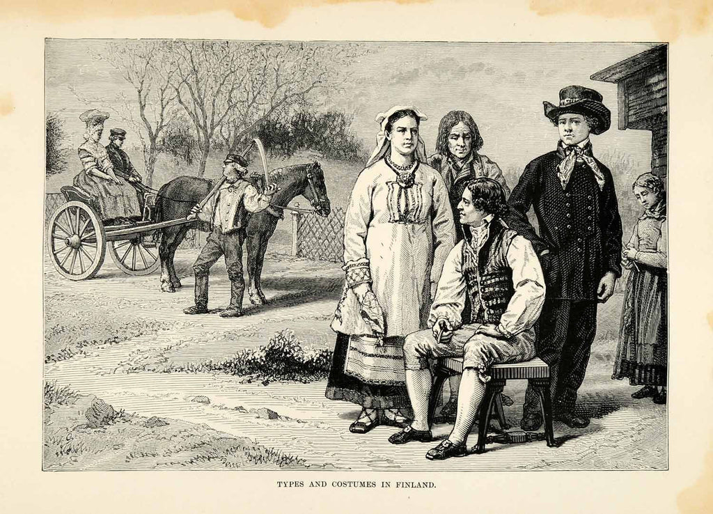 1882 Wood Engraving Finland Cultural Costume Fashion Clothing Horse Drawn XGS6 - Period Paper
