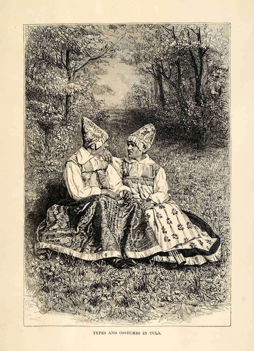 1882 Wood Engraving Art Tula Russia Cultural Costume Hat Fashion Clothing XGS6
