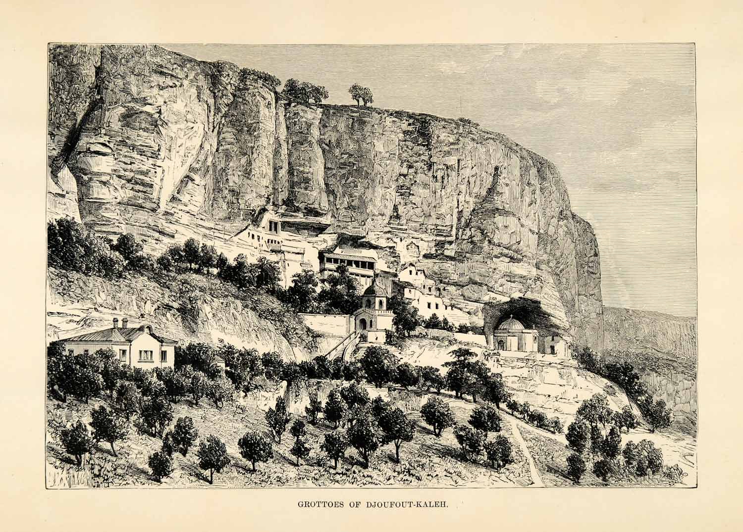 1882 Wood Engraving Art Djoufout Kaleh Grottos Crimea Russia Cliff XGS6