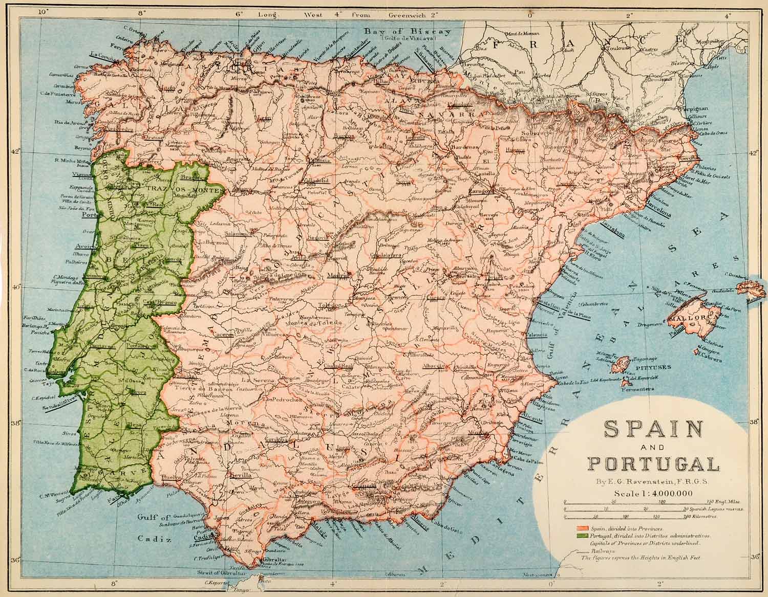 1882 Photolithographed Map Spain Portugal Biscay Bay Cadiz Sevilla Galicia XGS6