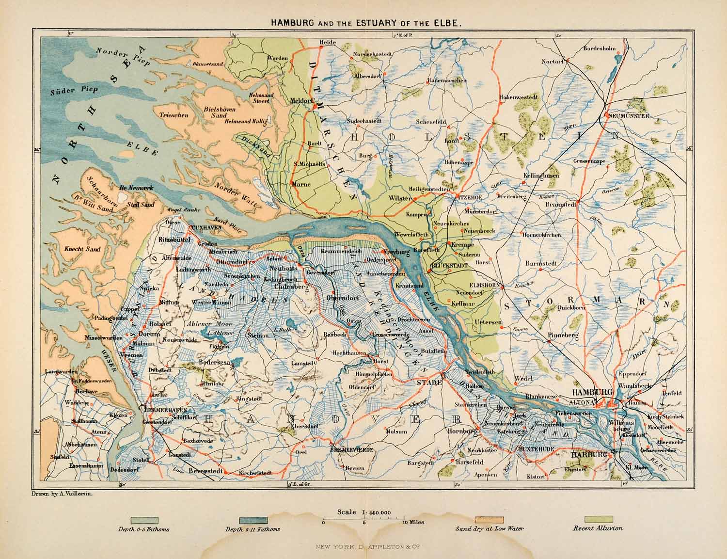 1882 Photolithographed Map Hamburg Germany Elbe River Stormarn Kellinghusen XGS6