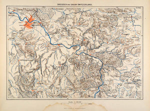 1882 Photolithographed Map Dresden Saxon Switzerland Winterberg Elbe River XGS6