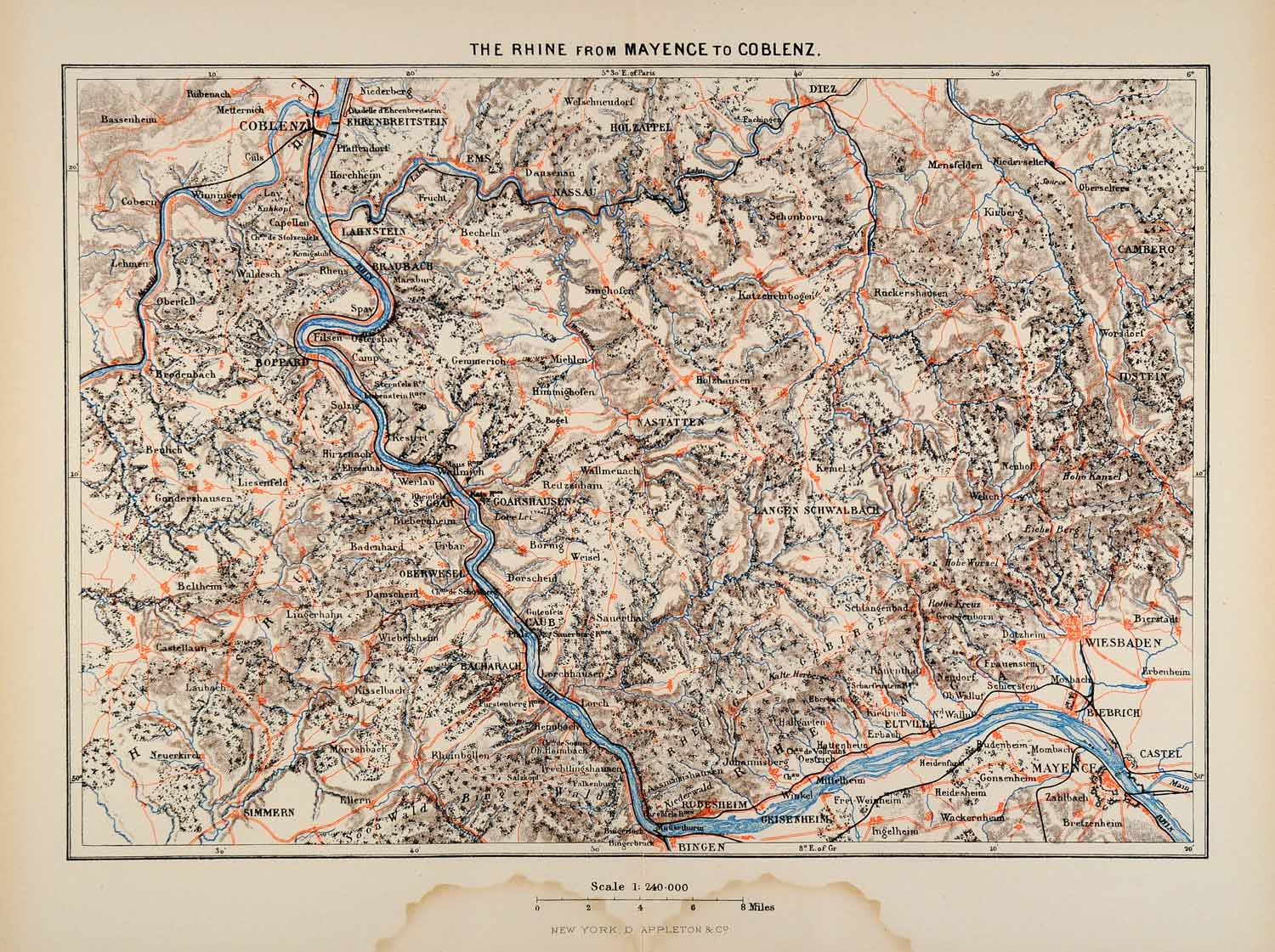 1882 Photolithographed Map Mayence Koblenz Germany Rhine River Nastatten XGS6