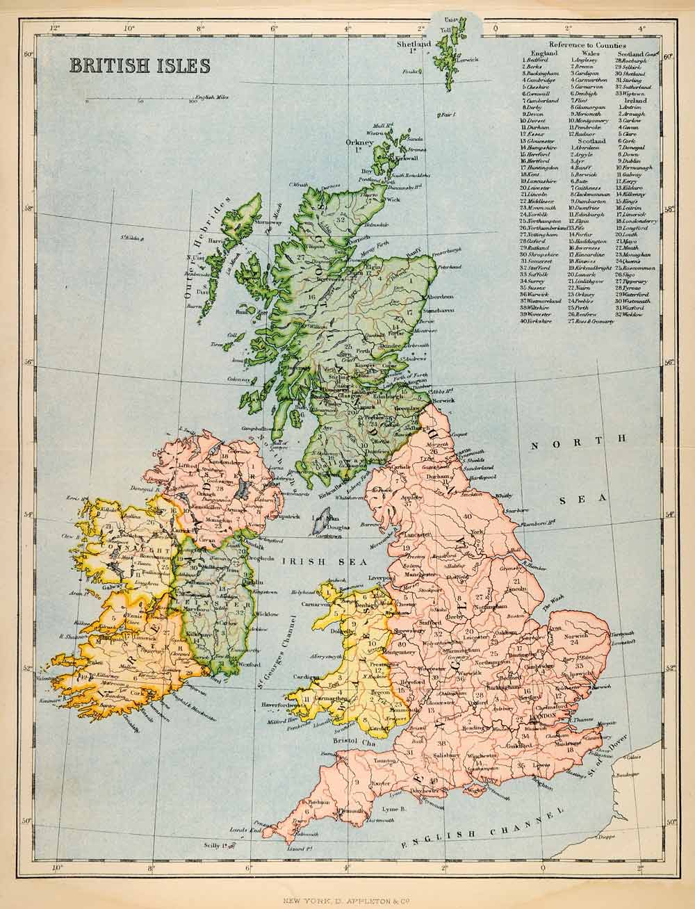 1882 Photolithograph Map British Isles Sea Ireland Scotland England XGS6