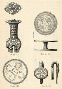 1882 Woodcut Bronze Age Denmark Ornaments Sword Hilt Buttons Archaeological XGS8
