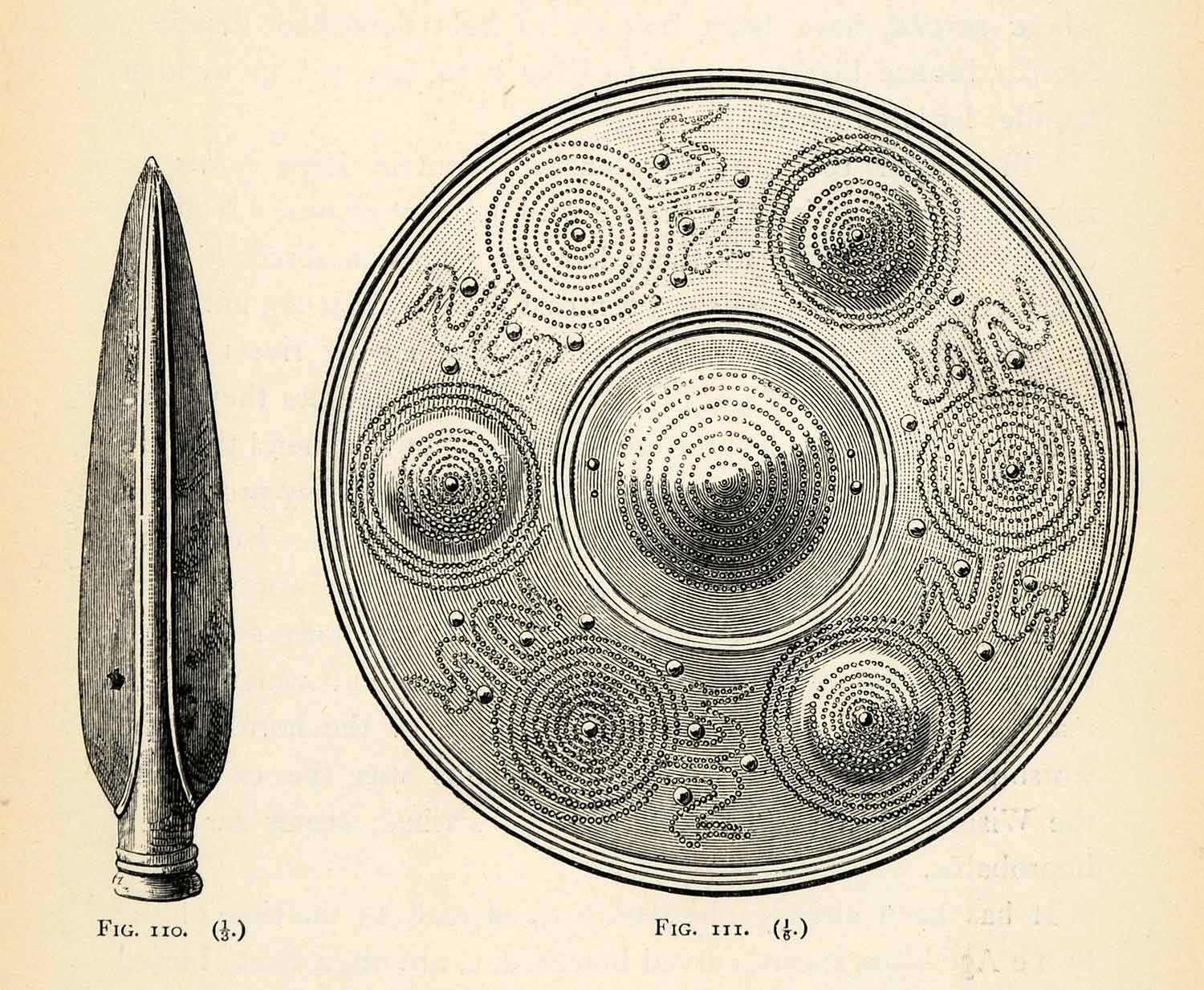 1882 Woodcut Lance Head Prehistoric Tools Shield Metal Bronze Age Weapons XGS8