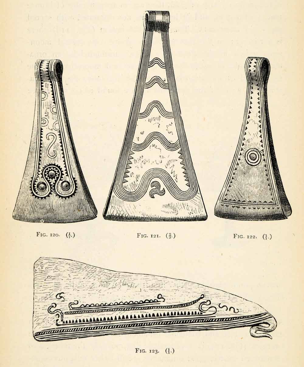 1882 Woodcut Vintage Tweezers Ornaments Patterns Denmark Archaeology Knife XGS8