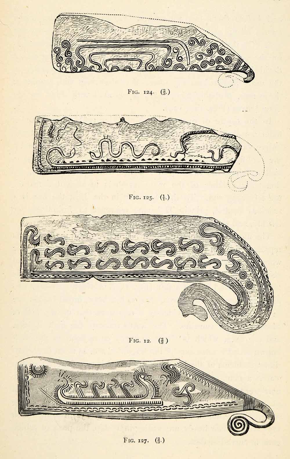 1882 Woodcut Bronze Age Knives Archaeological Ships Snakes Elephants XGS8