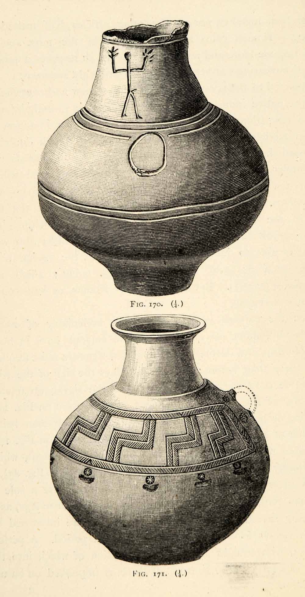 1882 Woodcut Earthen Vessels Symbols Ornaments Archaeological Iron Age Vase XGS8