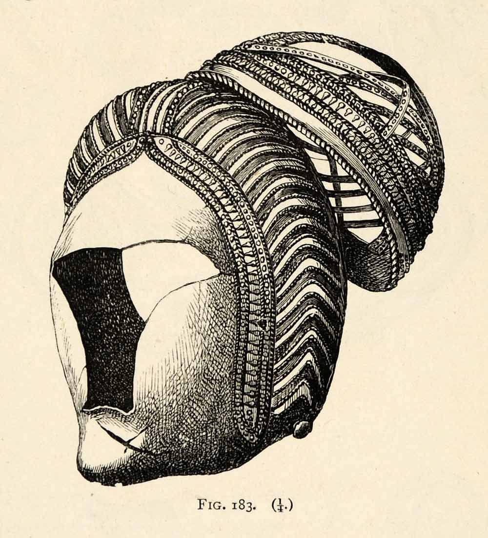 1882 Woodcut Archaeological Gear Head Combat Helmet Silver Prehistoric Iron XGS8