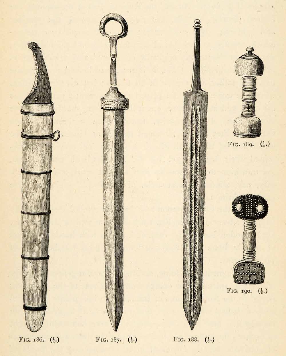 1882 Woodcut Iron Age Swords Hilts Weapon Archaeological Prehistoric Item XGS8