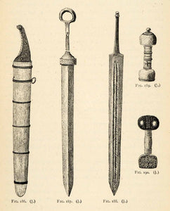 1882 Woodcut Iron Age Swords Hilts Weapon Archaeological Prehistoric Item XGS8