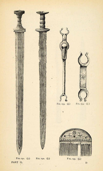 1882 Woodcut Archaeological Swords Mount Scabbards Bone Comb