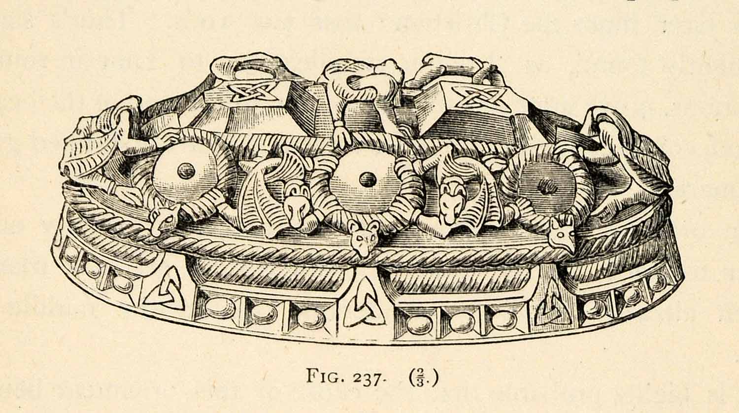 1882 Woodcut Brooch Patterns Figures Men Animals Jewelry Archaeological XGS8