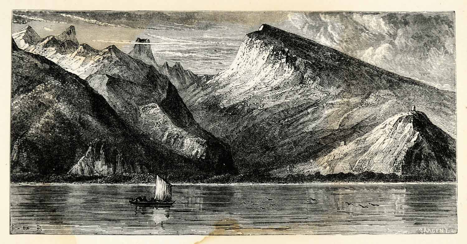 1879 Wood Engraving Shore Tahiti Boat Sailing Mountain Sargent Art XGS9