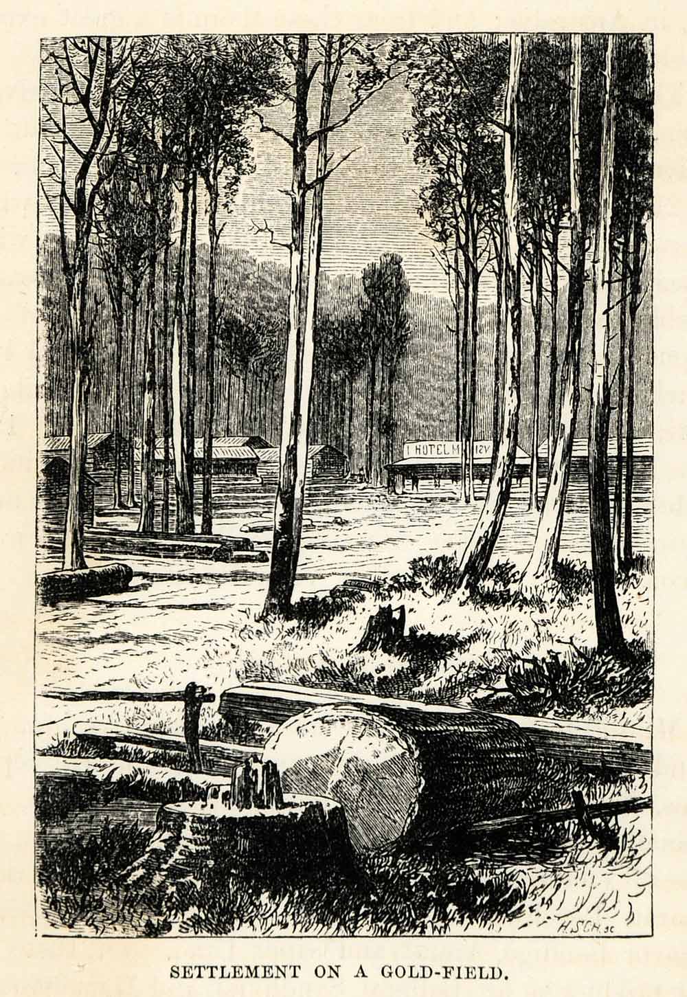 1879 Wood Engraving Settlement Gold Field Rush Mine Hotel Queensland XGS9