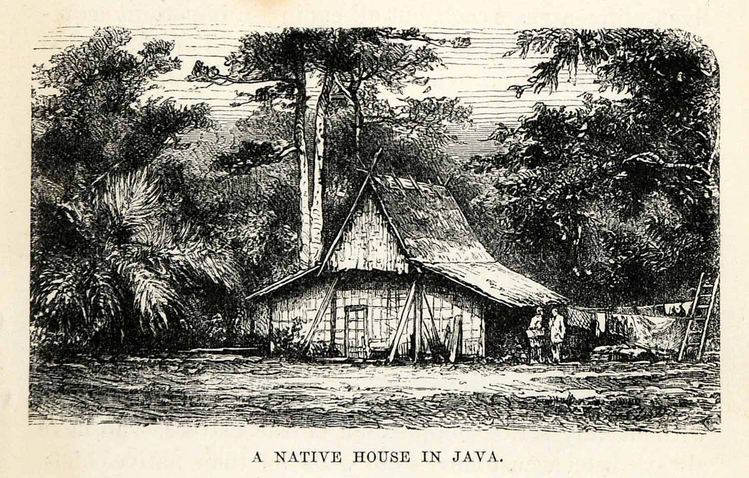 1879 Wood Engraving Java Indonesia Native House Home Indigenous People XGS9