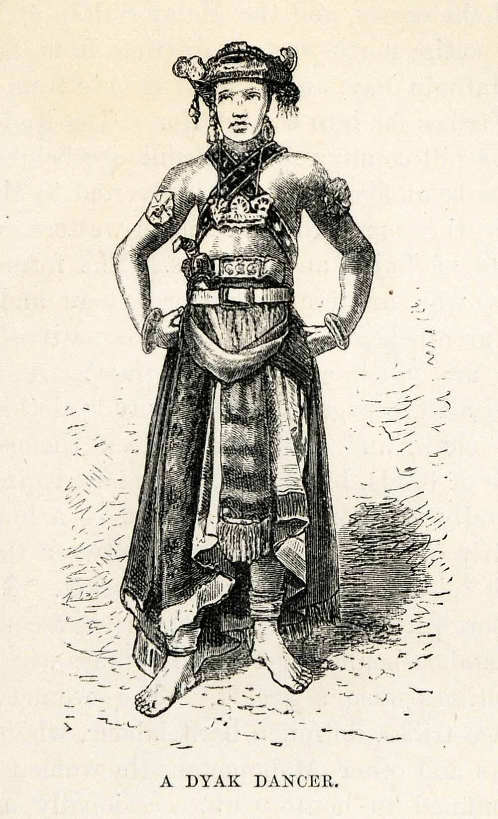 1879 Wood Engraving Dyak Dancer Costume Fashion Art Borneo Indonesia Dress XGS9