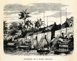 1879 Wood Engraving Dyak Village Borneo Indonesia Waterway Boat Sailing Art XGS9