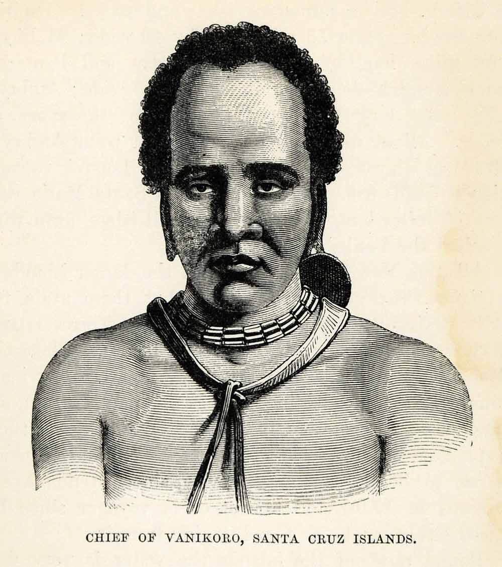 1879 Wood Engraving Chief Vanikoro Santa Cruz Islands Art Portrait Solomon XGS9