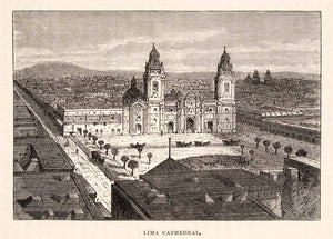 1878 Wood Engraving Basilica Cathedral Lima Colonial Playa Mayor Lima Peru XGSA2