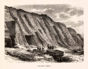 1878 Wood Engraving Guano Beds Peru Laborer Worker Mine Mineral Trucks XGSA2