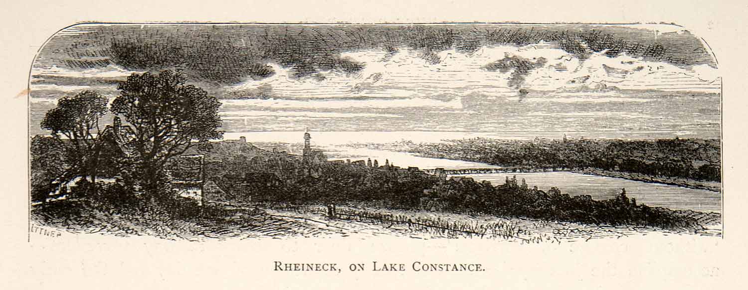 1891 Wood Engraving Rheineck Switzerland Lake Constance Rhine River Bridge XGSB1