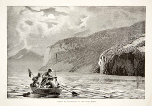 1891 Wood Engraving Switzerland Fishing Lake Rowboat Net Paddle Night XGSB1