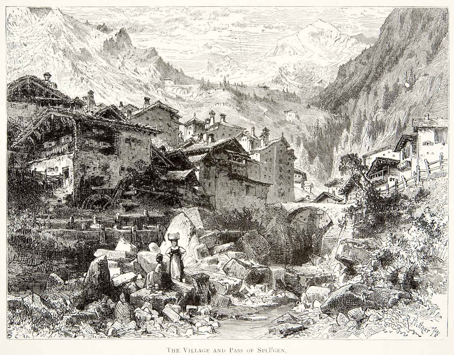 1891 Wood Engraving Splugen Village Pass Alps Rhaetian Lepontine XGSB1