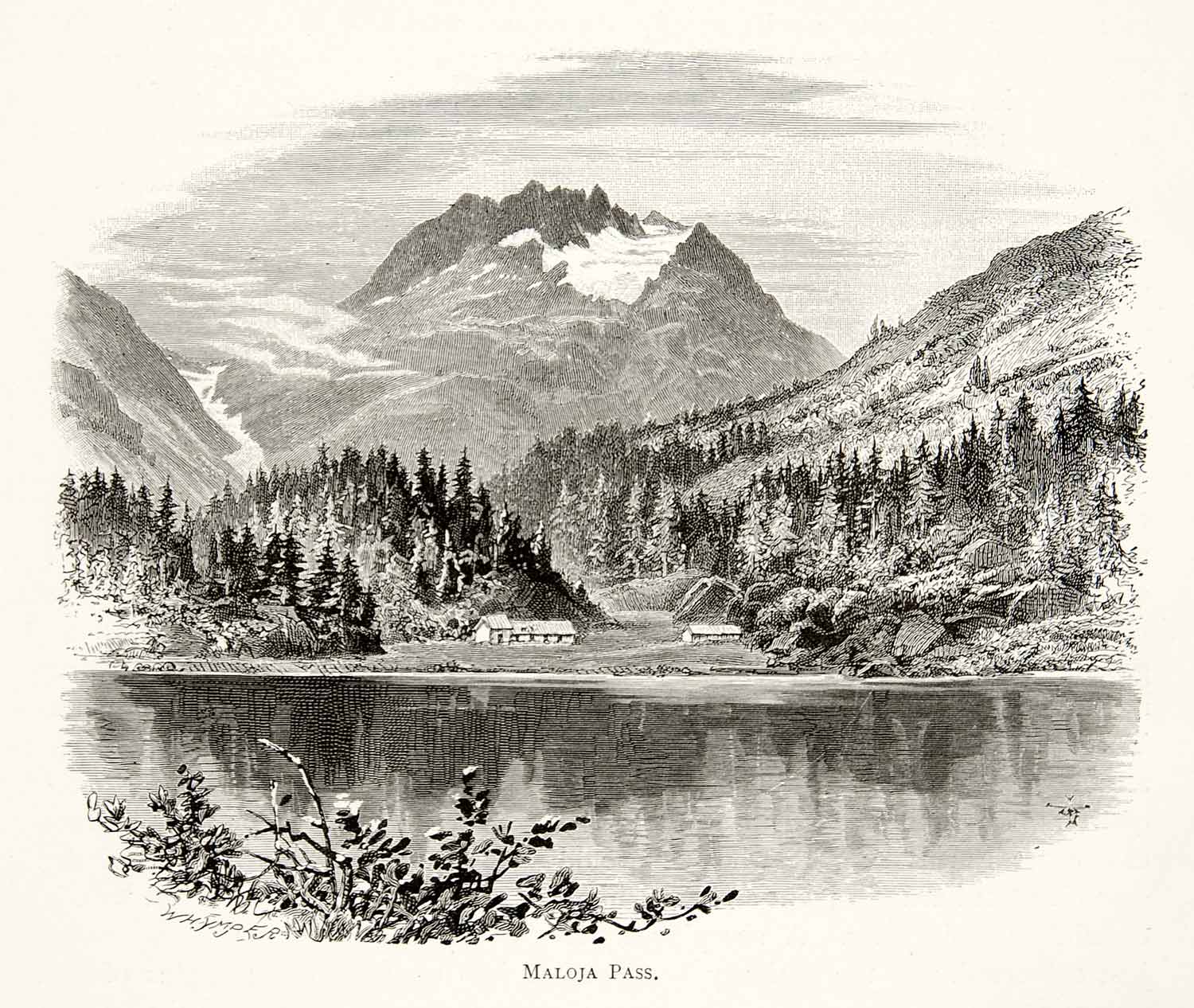 1891 Wood Engraving Whymper Switzerland Maloja Pass Alps Mountains Lake XGSB1