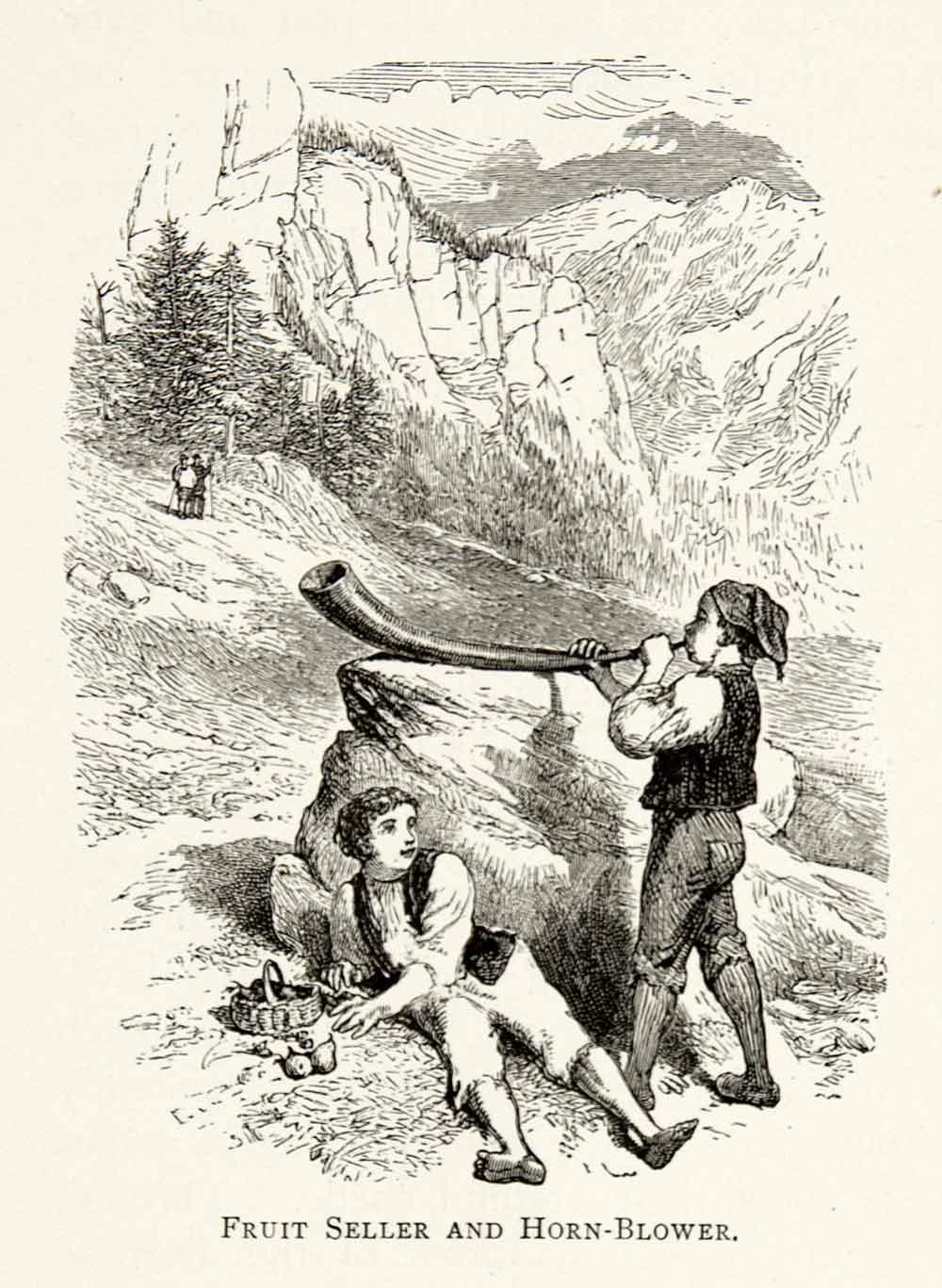 1891 Wood Engraving Switzerland Horn Blower Fruit Seller Alps Hiker Trail XGSB1