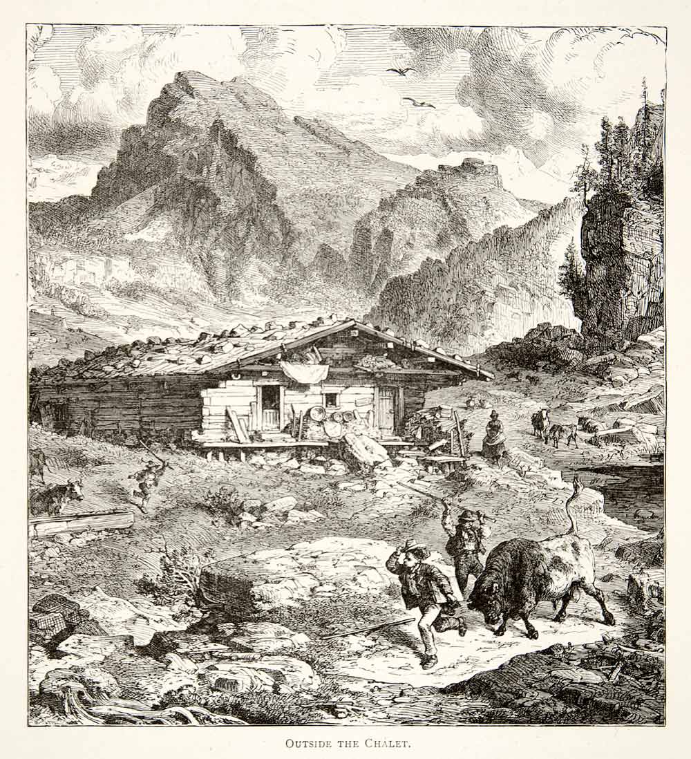 1891 Wood Engraving Havergal Switzerland Alps Lauterbrunnen Valley Cabin XGSB1