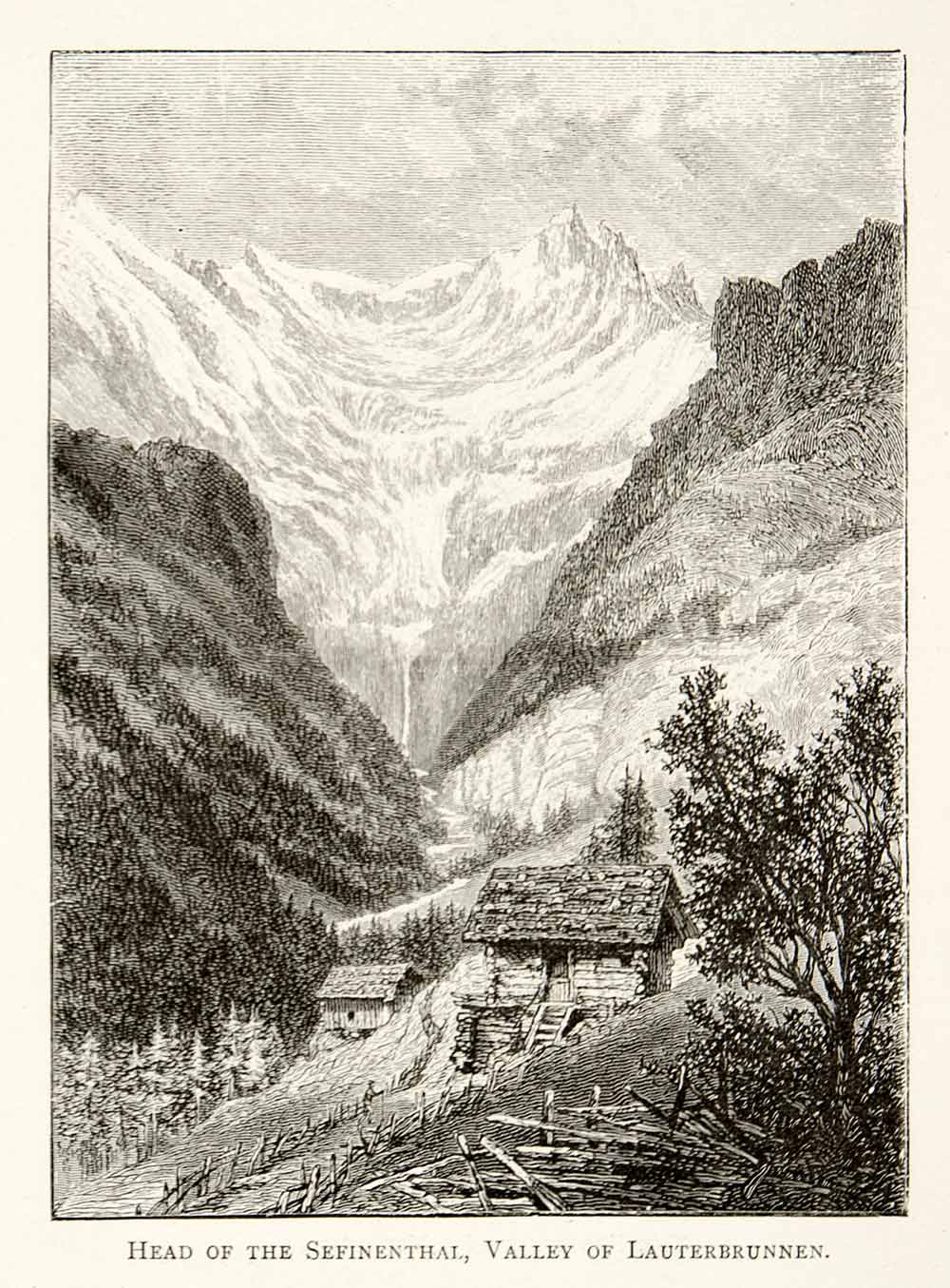 1891 Wood Engraving Lauternbrunnen Alps Mountain Switzerland River Valley XGSB1