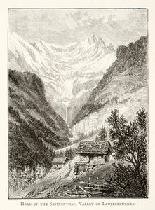 1891 Wood Engraving Lauternbrunnen Alps Mountain Switzerland River Valley XGSB1