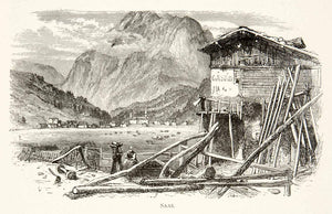 1891 Wood Engraving Switzerland Alps Mountain Village Saas Valley Lake XGSB1