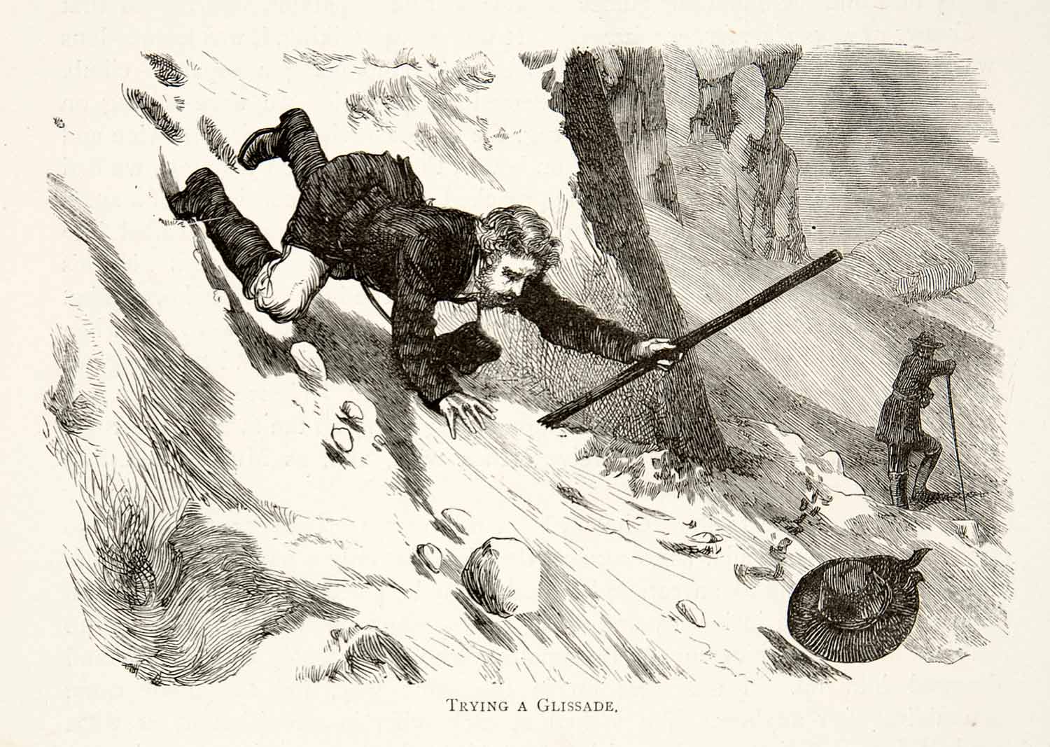 1891 Wood Engraving Switzerland Gorner Glacier Climber Glissade Mountain XGSB1