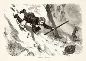 1891 Wood Engraving Switzerland Gorner Glacier Climber Glissade Mountain XGSB1