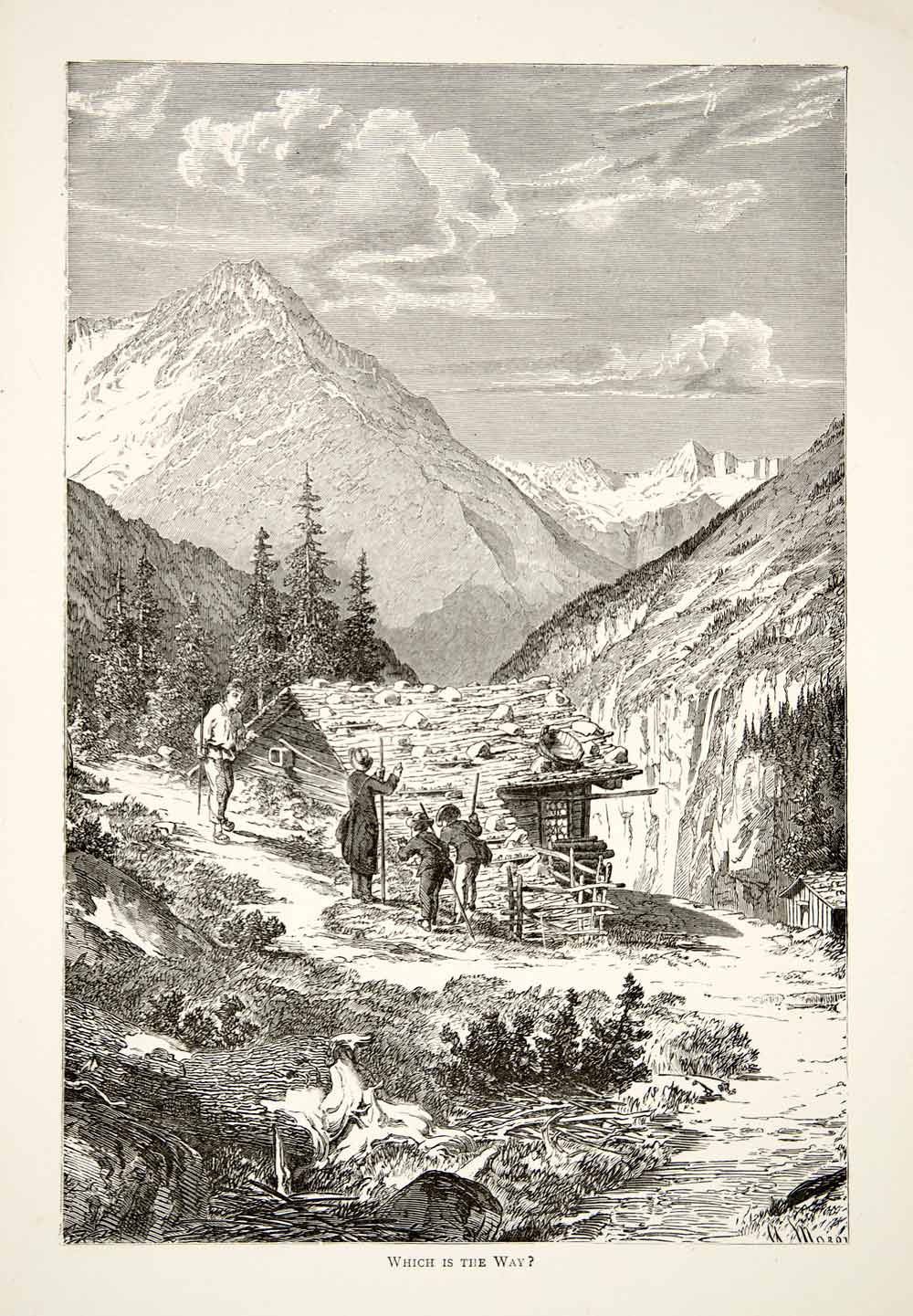 1891 Wood Engraving Alps Mountain Trail Hiker Climber Chalet Cabin XGSB1