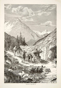 1891 Wood Engraving Alps Mountain Trail Hiker Climber Chalet Cabin XGSB1