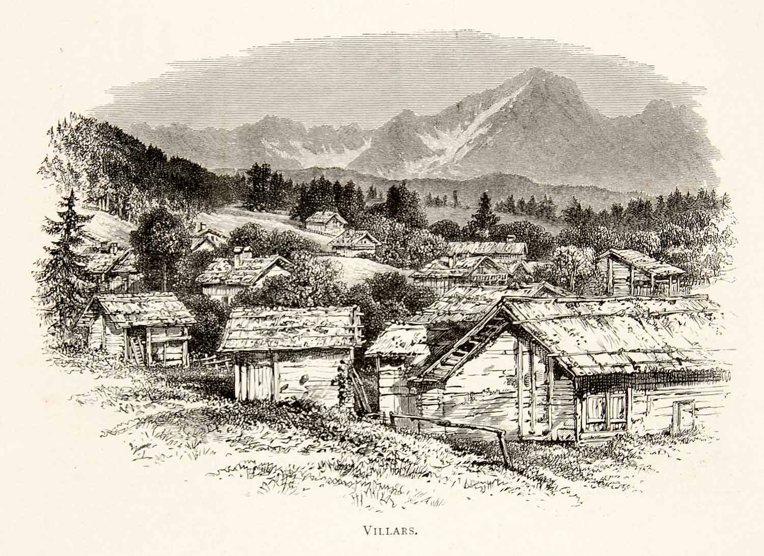 1891 Wood Engraving Alps Villars Switzerland Rhone Mountain Village Chalet XGSB1