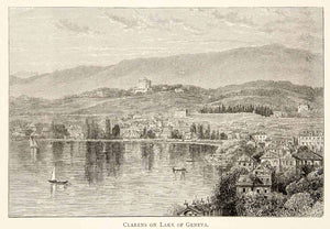 1891 Wood Engraving Clarens Lake Geneva Switzerland Vaud Sailboat Village XGSB1