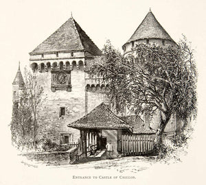 1891 Wood Engraving Chateau Chillon Castle Leman Switzerland Montreux XGSB1