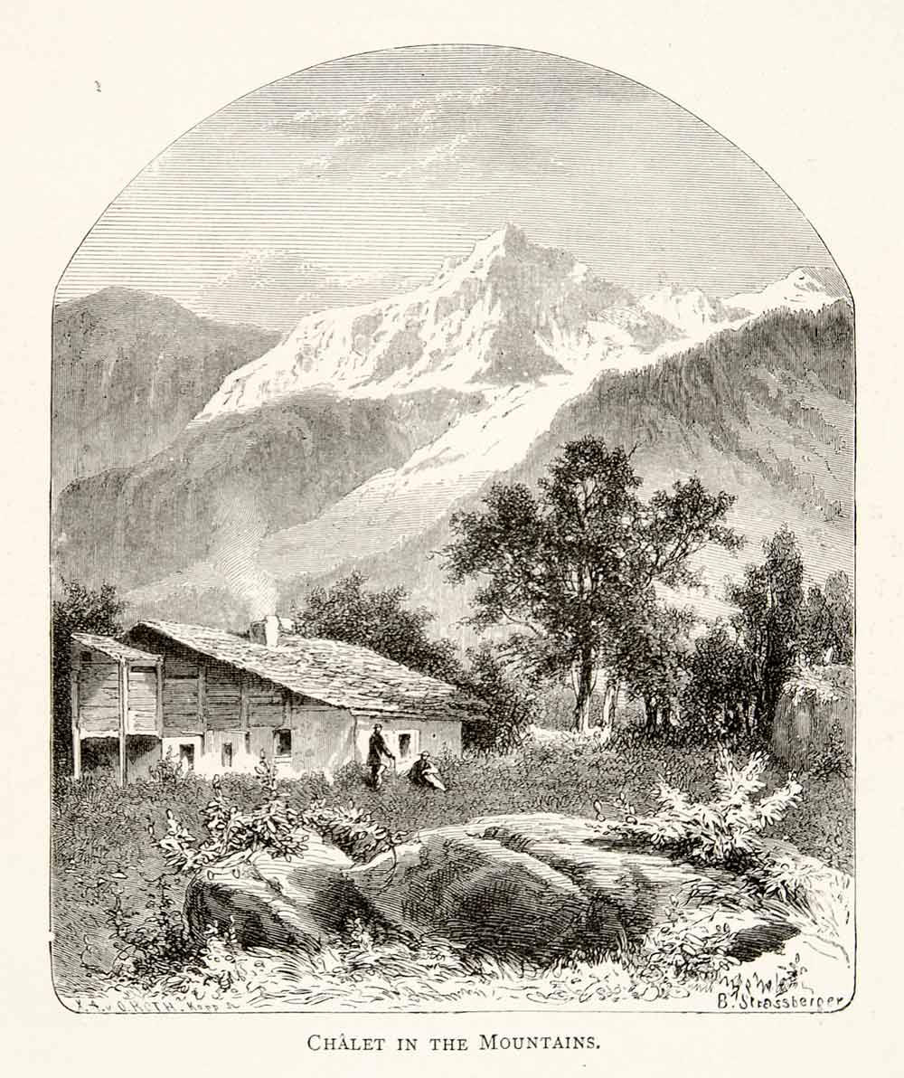 1891 Wood Engraving Switzerland Mountain Chalet Alps Cabin Landscape XGSB1
